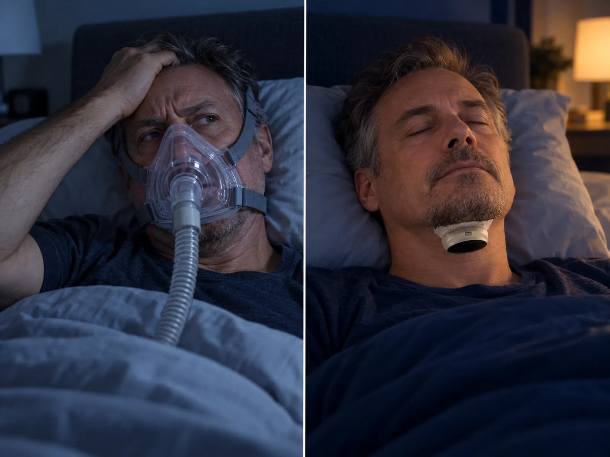 Left: a man awake in a full-face CPAP mask. Right: the same man asleep with Respivea, no mask