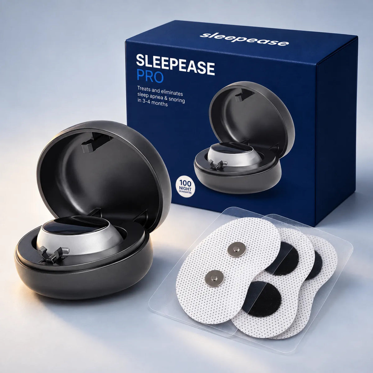 The Respivea box, the device in its charging case and the adhesive patches