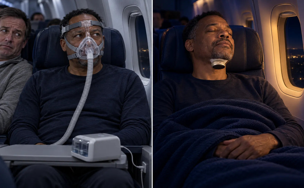 On a night flight: the same man in a CPAP mask, then asleep with Respivea under his chin