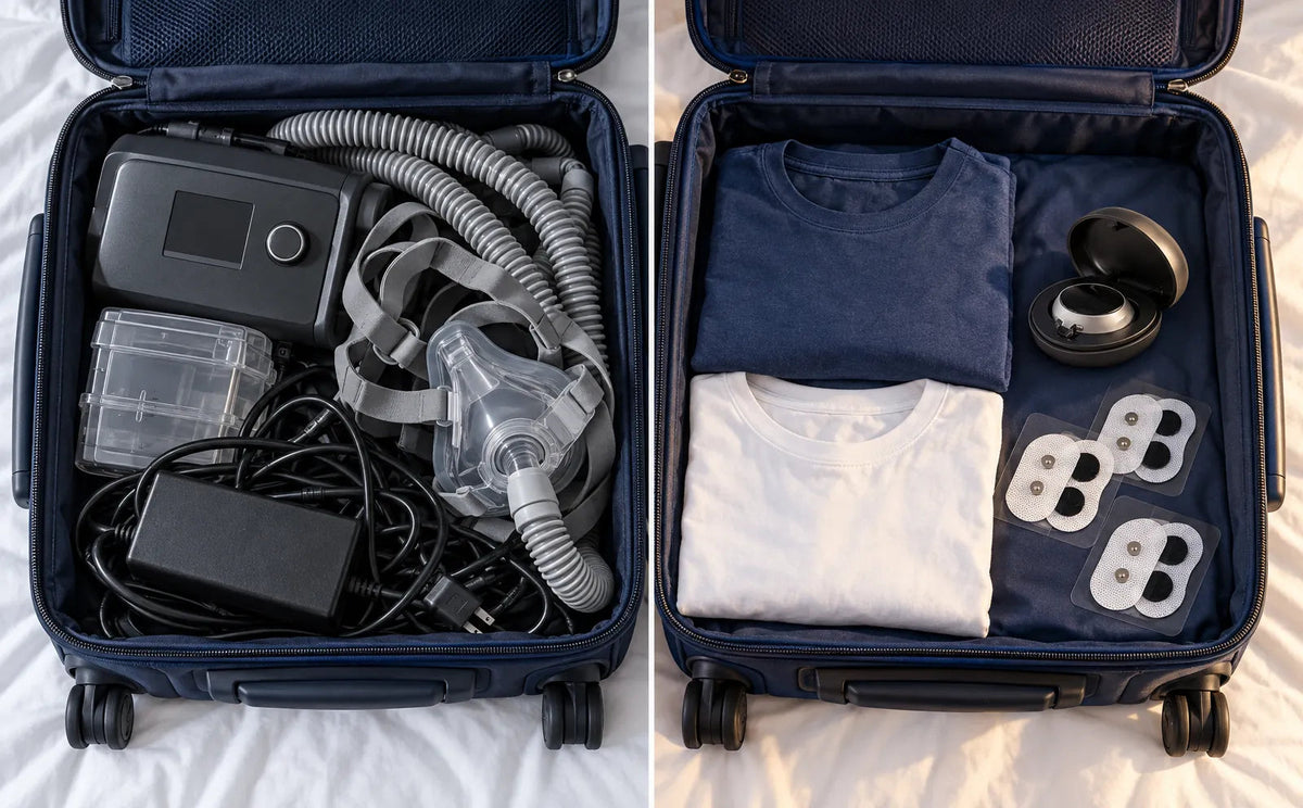 The same carry-on twice: one crammed with a CPAP machine, hose and mask; the other almost empty with just the small Respivea case and a few patches