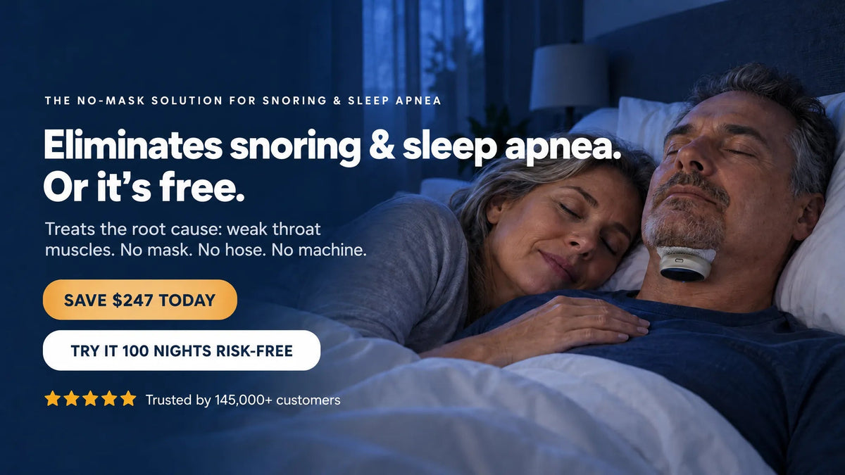 A couple sleeping peacefully together, the man wearing the small Respivea device under his chin