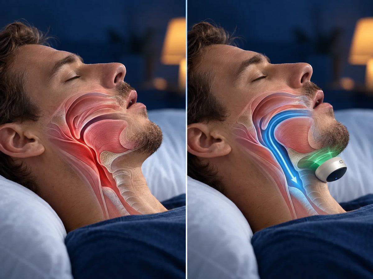 Cross-section of the throat: relaxed muscles close the airway, trained muscles keep it open